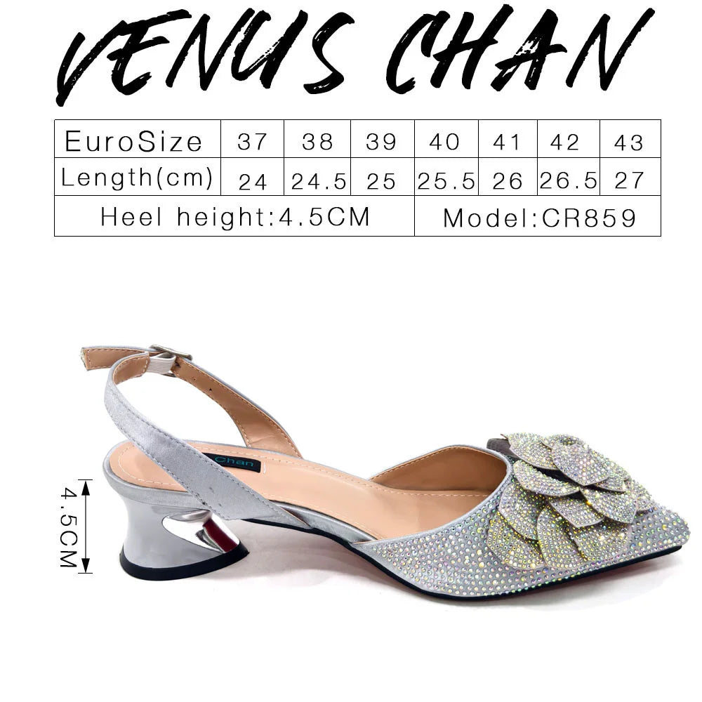 Italian Design Evening Shoes And Bags Paired With Handmade Petal Gold Colour Pointed Toe Mid-Heel Shoes For Women Party Shoes