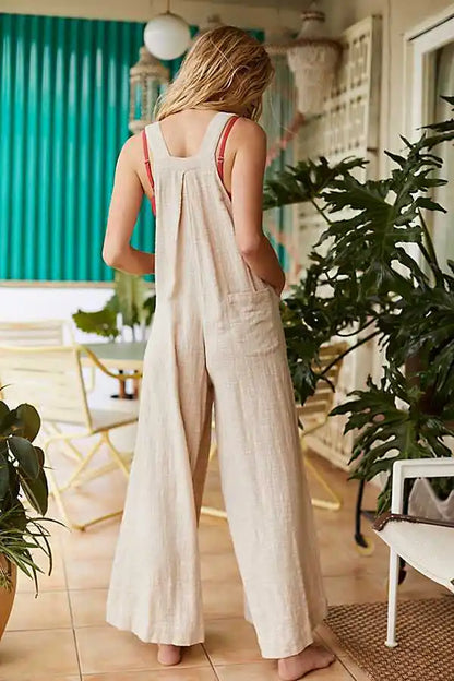 Women Summer Boho Jumpsuit Overalls Solid Ethnic Style Square Neck Sleeveless Casual Jumpsuit Pockets Loose Pants Jumpsuits 2024