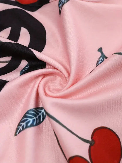 Pajamas Onesies Women's Sexy Bodysuit Casual Cherry Print V-neck Front Button Long Sleeve Slim Fit Jumpsuit Sleepwear