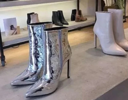 Design Ankle Boots Women Fashion Zipper Pointed  High Heels Gold Silver Patent Leather Short Booties Shoes Catwalk Shoes