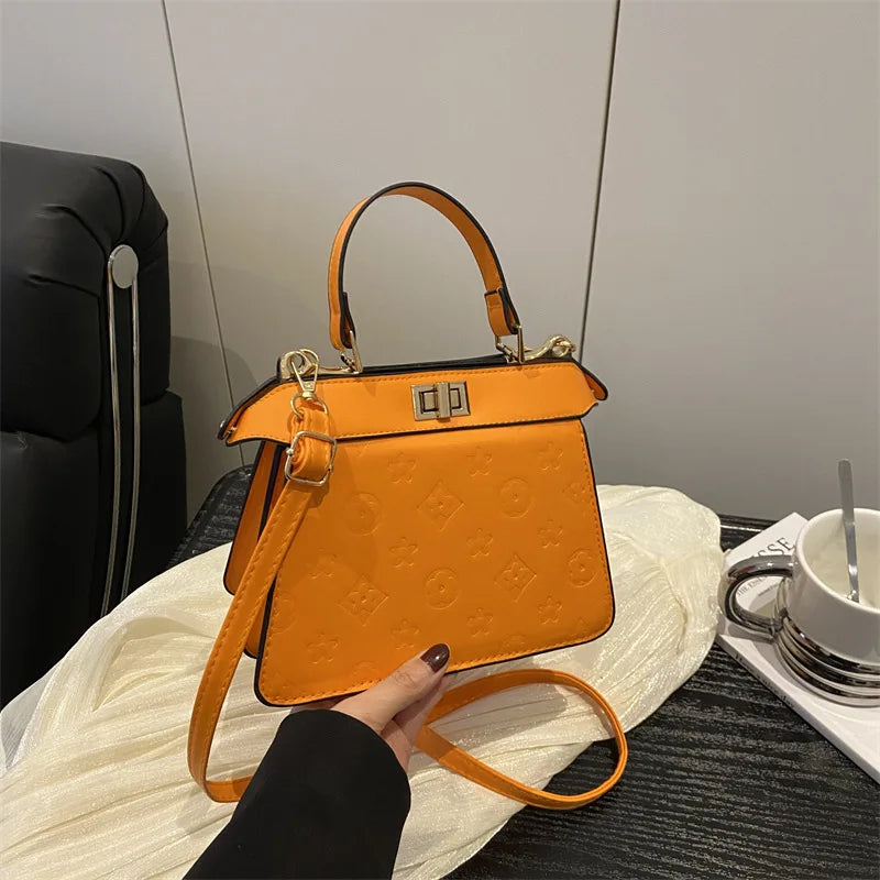 Fashion Embossed Top Handle Bags for Women,Metal Turn Lock Handbag, Adjustable Crossbody Strap,versatile Purse for Daily Outings