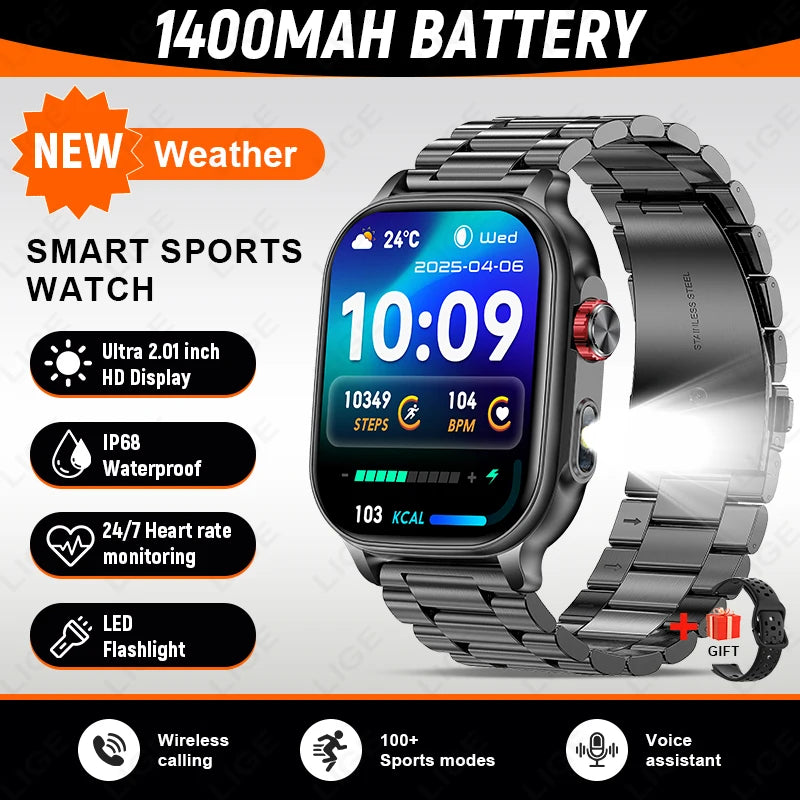 LIGE 2026 New Built-in 1400mAh Super Large Battery Women Men Smart Watch Outdoor 2.01" Screen IP68 Waterproof BT Call Smartwatch