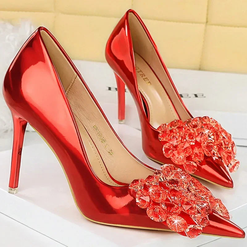 Women 10.5cm High Heels Glossy Leather Drag Queen Banquet Dress Pumps Lady Luxury Crystal Bow Stiletto Blue Green Red Prom Shoes