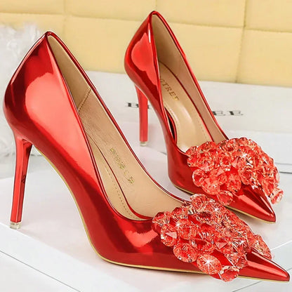 Women 10.5cm High Heels Glossy Leather Drag Queen Banquet Dress Pumps Lady Luxury Crystal Bow Stiletto Blue Green Red Prom Shoes