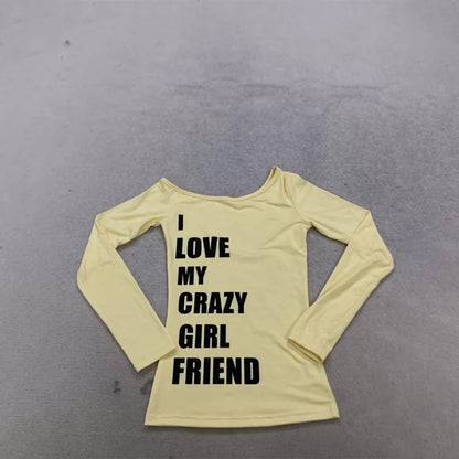Y2K Women's Long Sleeve T-Shirt American Style Sweet Spicy Letter Print Shoulder Casual Versatile Sexy Spicy Girl INS Style