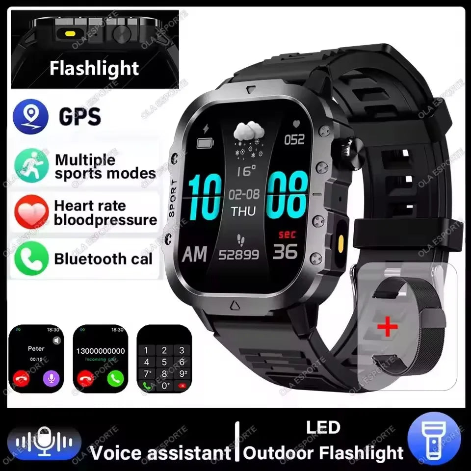 2026 New Rugged Military GPS Smart Watch Men Bluetooth Call Health Monitoring Sports 5ATM Waterproof Smartwatches Man Pk HW12