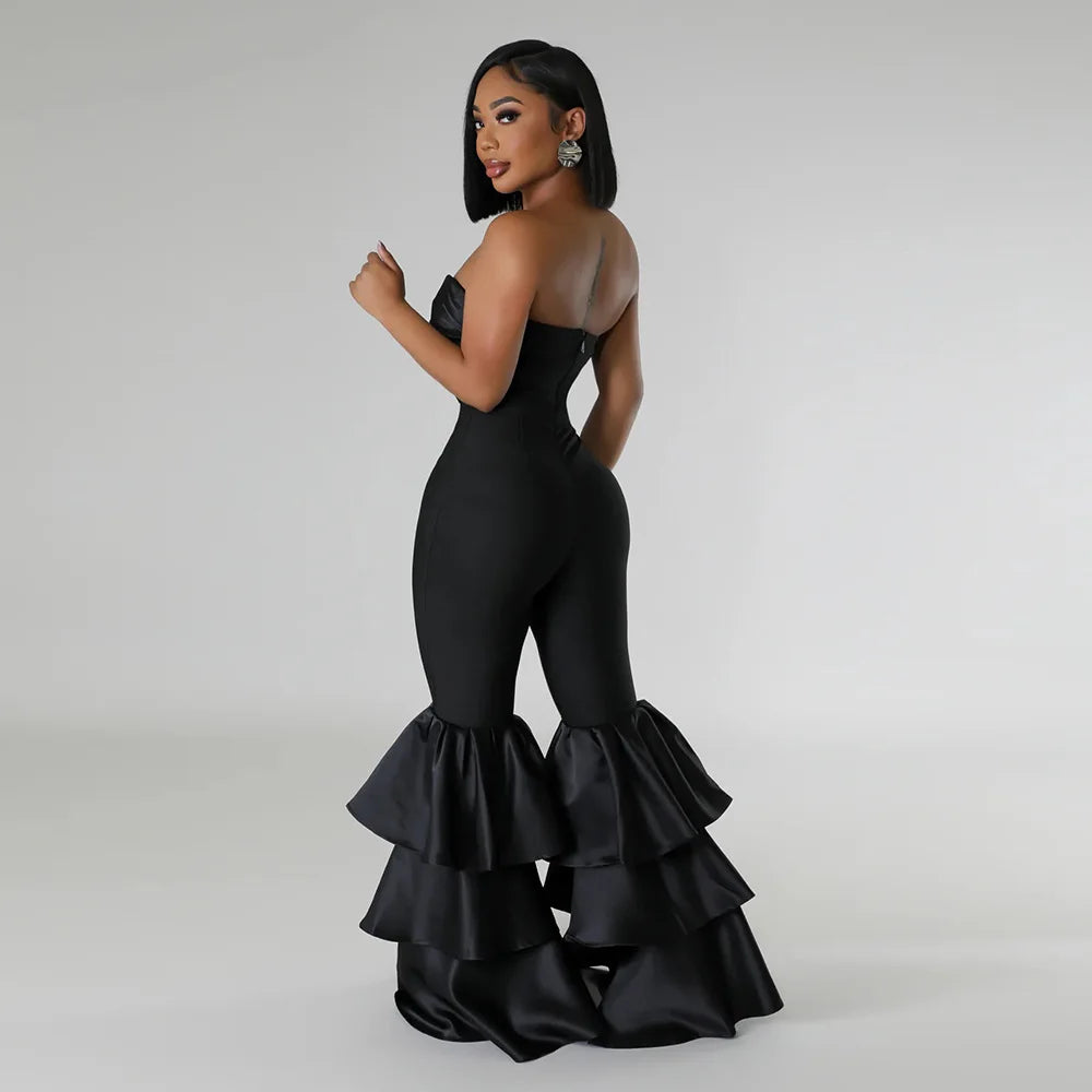 Jumpsuits Strapless Women Sleeveless Sexy Rompers One Piece Overalls Slim Fit Long Pant Ruffles Patchwork Elegant Lady