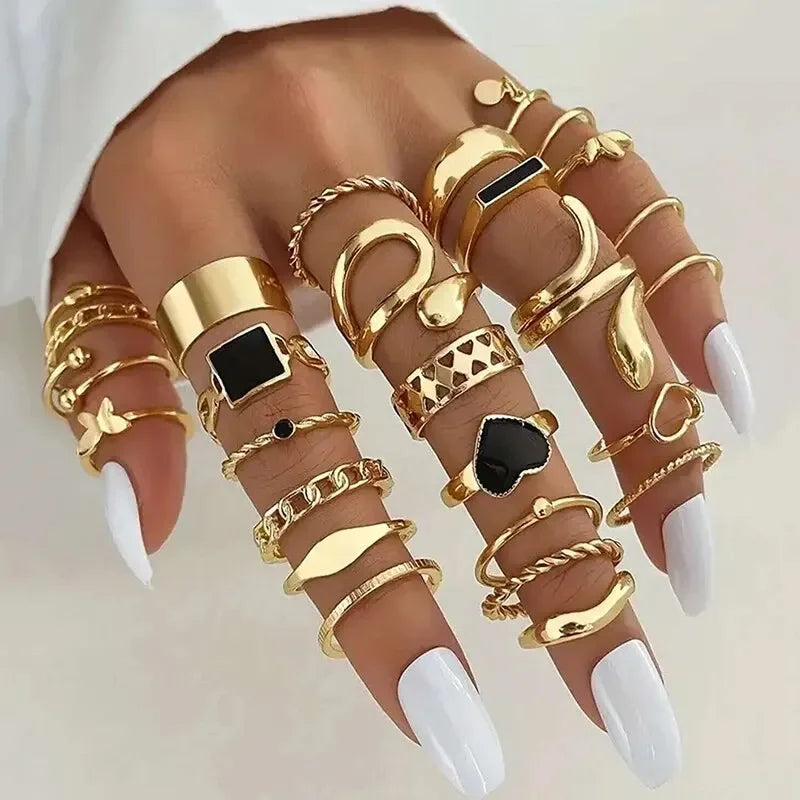 Boho Gold Color Rings Set For Women Fashion Cubic Zircon Heart Star Moon Flower Finger Rings Female Simple Trendy Jewelry Gifts