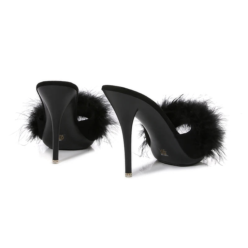 10CM Thin High Heel Summer Furry Slippers For Ladies Mules Fashion Fluffy Fur Slides Sandals 2025 New Brand Women's Party Shoes