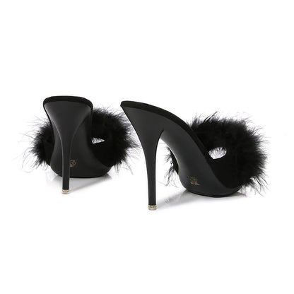 10CM Thin High Heel Summer Furry Slippers For Ladies Mules Fashion Fluffy Fur Slides Sandals 2025 New Brand Women's Party Shoes