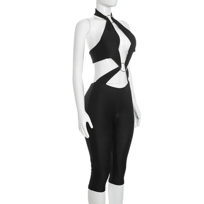 FLARORA Sexy Hollow Out Jumpuits Woman Metal Ring Decoration Halter Sleeveless Backless Skinny Rompers Midnight Party Clubwear