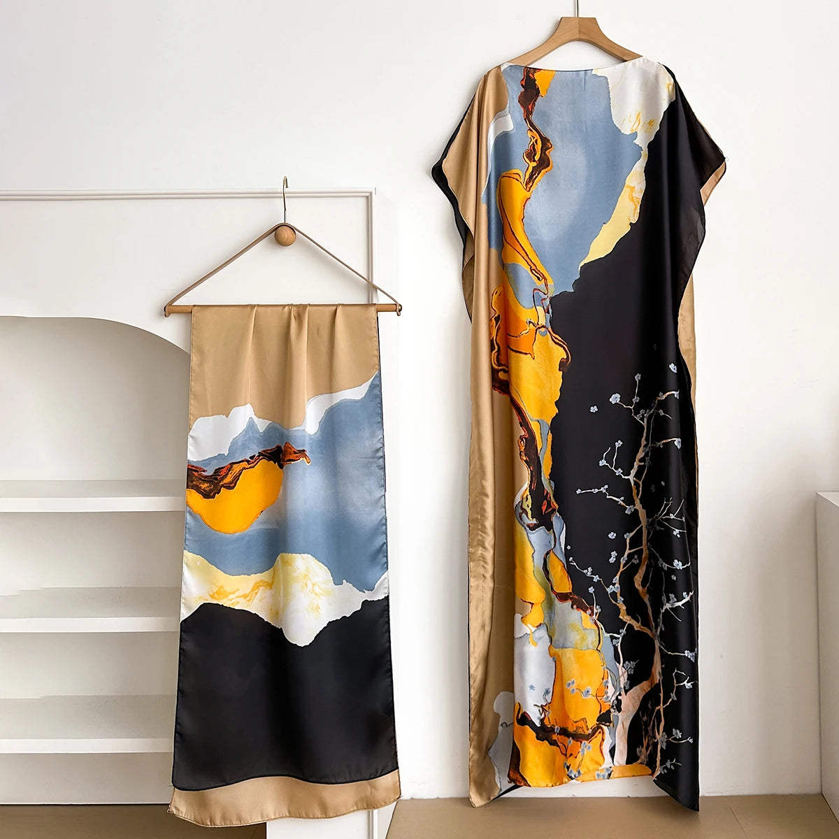 Summer Fashion Kaftan Dress for Women with Big Scarf Loose Abaya Muslim Style African Casual Print Shawl Robe - New 2026