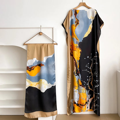 Summer Fashion Kaftan Dress for Women with Big Scarf Loose Abaya Muslim Style African Casual Print Shawl Robe - New 2026
