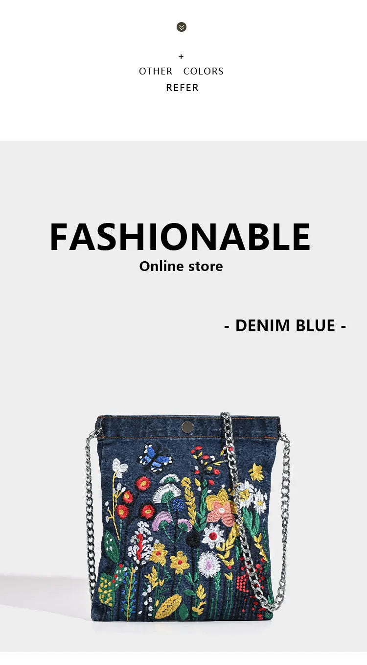 Embroidered Flowers Women Cowboy Shoulder Bag Fashion Chain Ladies Messenger Bags Denim Handbag Personality Trend Student Bag