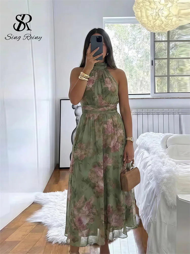 SINGREINY Elegant Green Floral Halter Chiffon Maxi Dresses Trendy Sleeveless A-line 2026 Women Floral Wedding Guest Party Dress