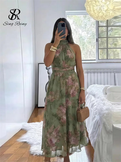 SINGREINY Elegant Green Floral Halter Chiffon Maxi Dresses Trendy Sleeveless A-line 2026 Women Floral Wedding Guest Party Dress