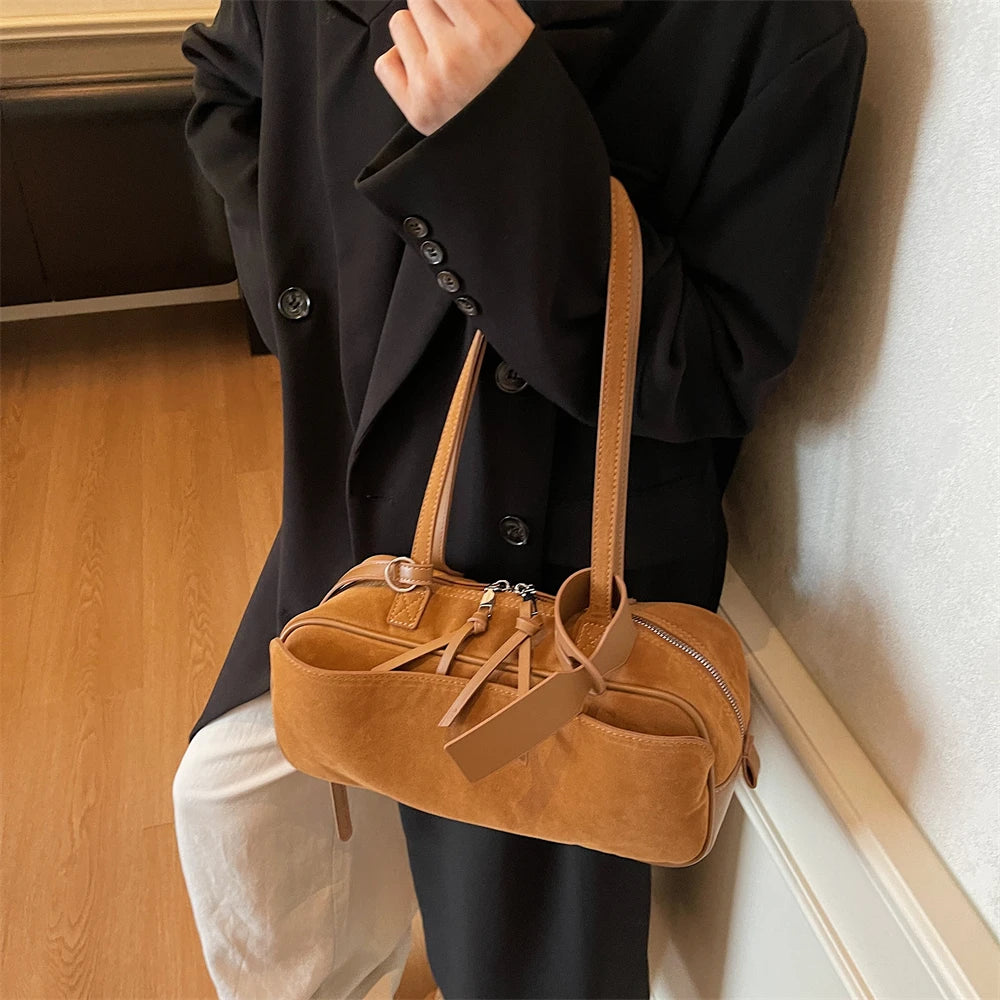 2026 Autumn Winter Latest Commute Shoulder Bags For Women PU Suede Pure Color Large Capacity Boston Bag Luxury Designer Handbags