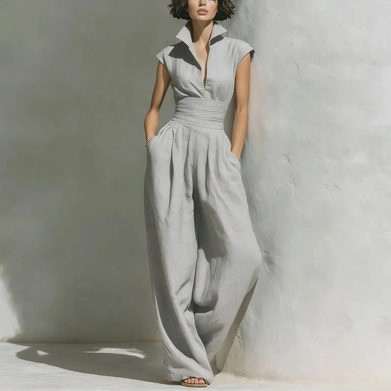 New Chic Solid Pockets Vacation Overalls Summer High Waist Low Cut Women's Romper Turn-down Collar Sleeveless Wide Leg Jumpsuits