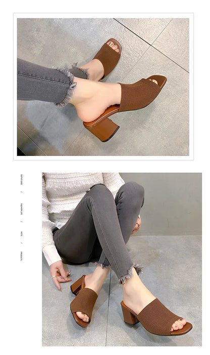 Women's Luxury Casual Soft High Heel Sandals Black Mules Summer Slippers Outdoor Shoes Open Toe