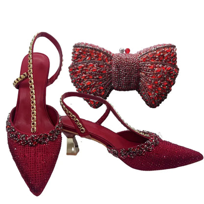 Insightlink Luxury Red Rhinestone Slingback Heels Bow Clutch Set Pointed Toe Shoes for Women Wedding Party Banquet Formal Event