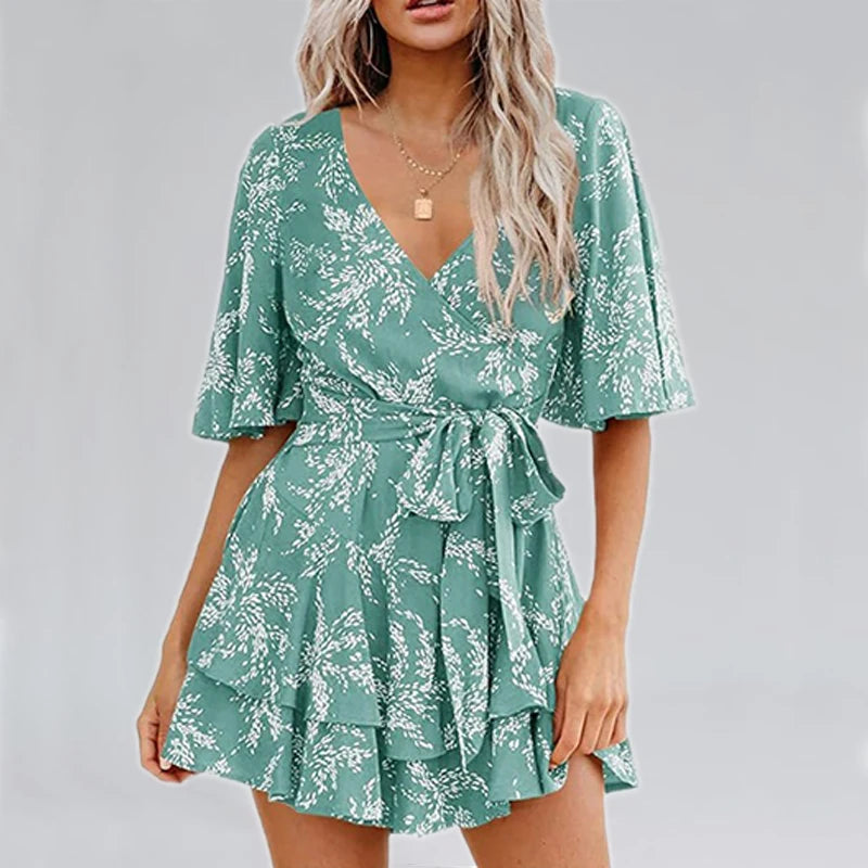 Hot-selling Women's Jumpsuits V-neck Flared Sleeves High Waist Plant Printed Pleated Lace-up Fashion High Street Playsuits