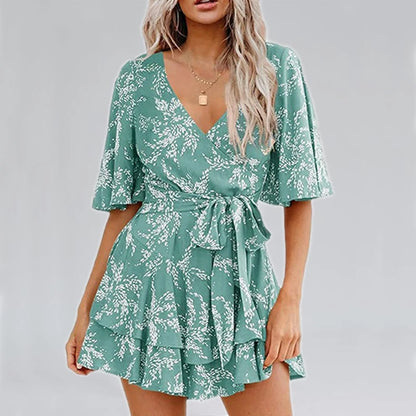 Hot-selling Women's Jumpsuits V-neck Flared Sleeves High Waist Plant Printed Pleated Lace-up Fashion High Street Playsuits