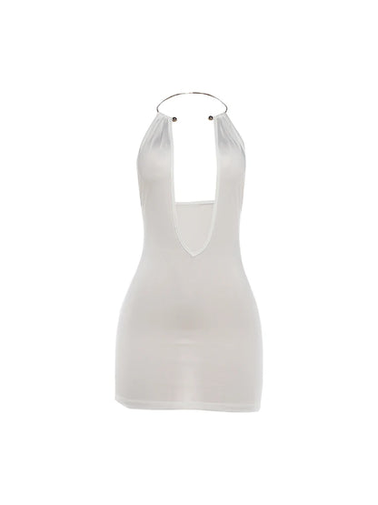 Weird Puss Sexy Backless Dress Woman Summer Trend Metal Ring Halter Low-Neck Sleeveless Hottie Midnight Club Party Mini Bodycon