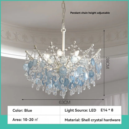 French Luxury LED Pendant Lights Blue White Natural Shell Crystal Chandelier Lamps for Romantic Living Dining Bedroom Home Decor