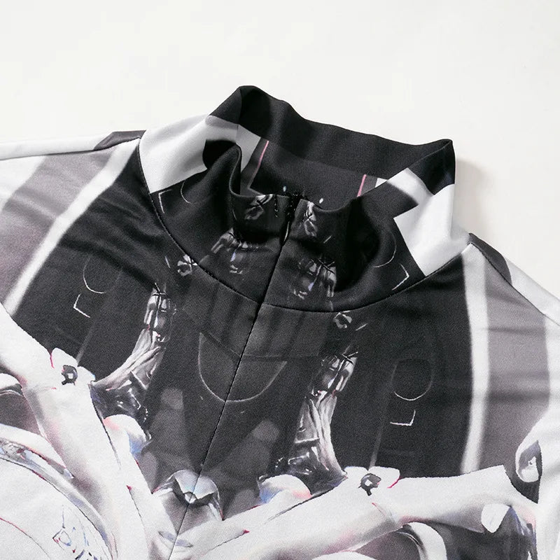 3D Printed Cosplay Bodycon Jumpsuits Y2k Techwear Long Sleeve Gothic Punk Playsuits Anime Women Mock Neck Zip Bodysuit