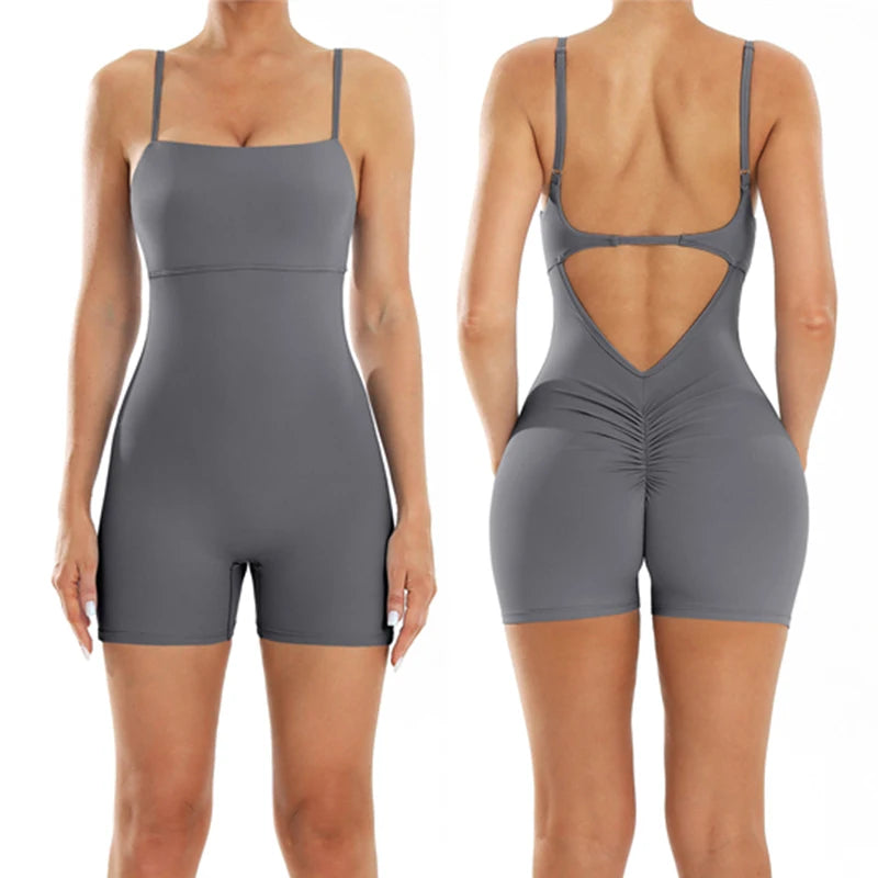 One-Pieces Fitness Overalls Women's Gym Jumpsuits with Shorts Scrunch Butt Sports Rompers High Elastic Backless Workout Clothes