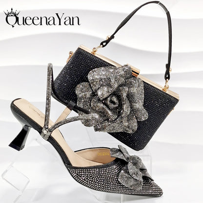 2026 Large Flower Design Shoes & Bag Nigerian Coffee Color Women's Stiletto Shoes For Special Good Time INS Style