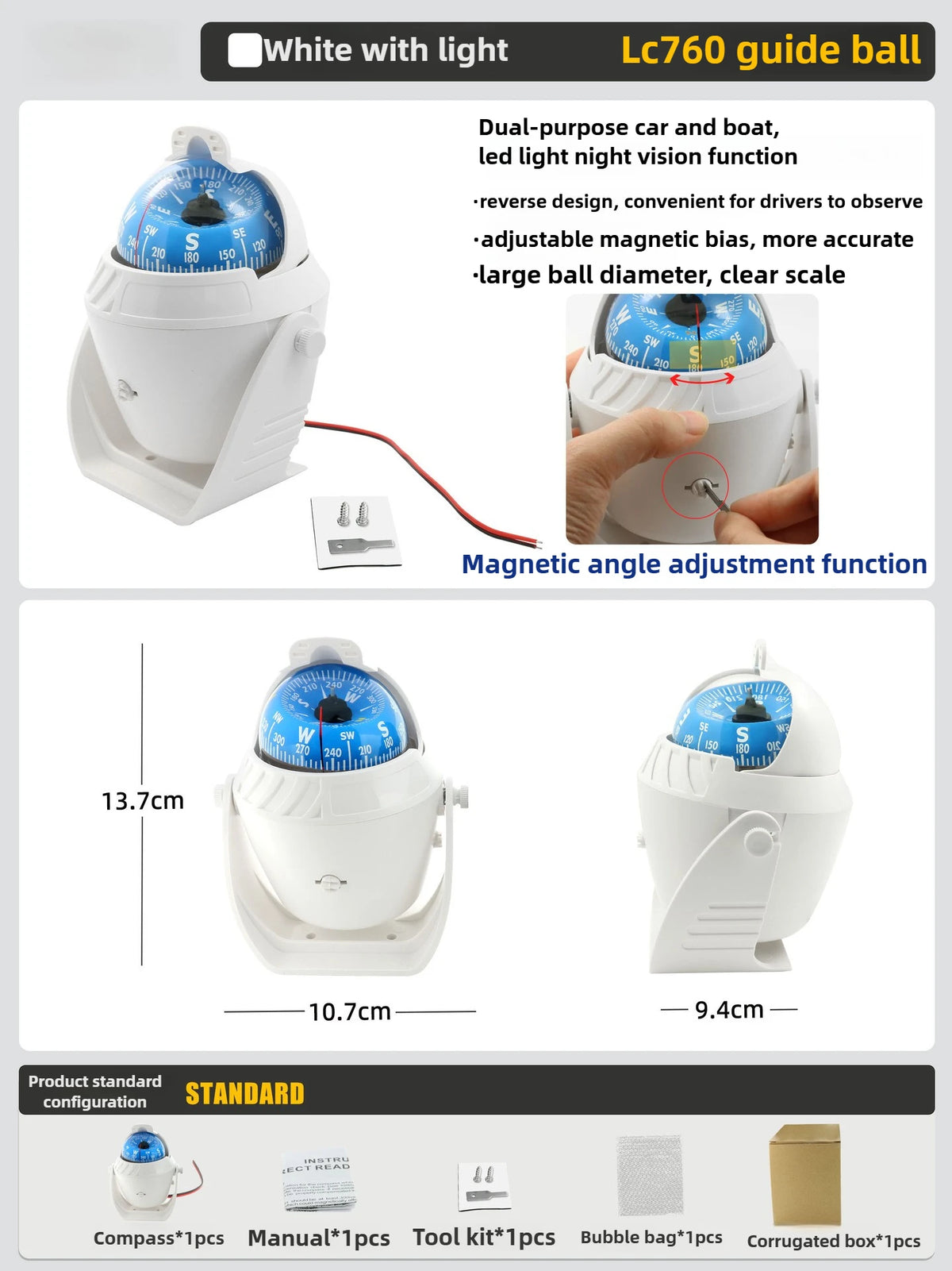 LED Light Electronic Compass, High Precision Pivoting Navigation Compass for Boat Car Marine Use