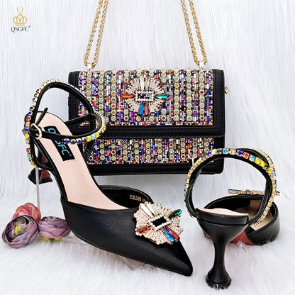 QSGFC High Quality Women's Pumps And Bag Silver Color Full Of Rhinestones High-Grade Materials For Nigerian Wedding Party