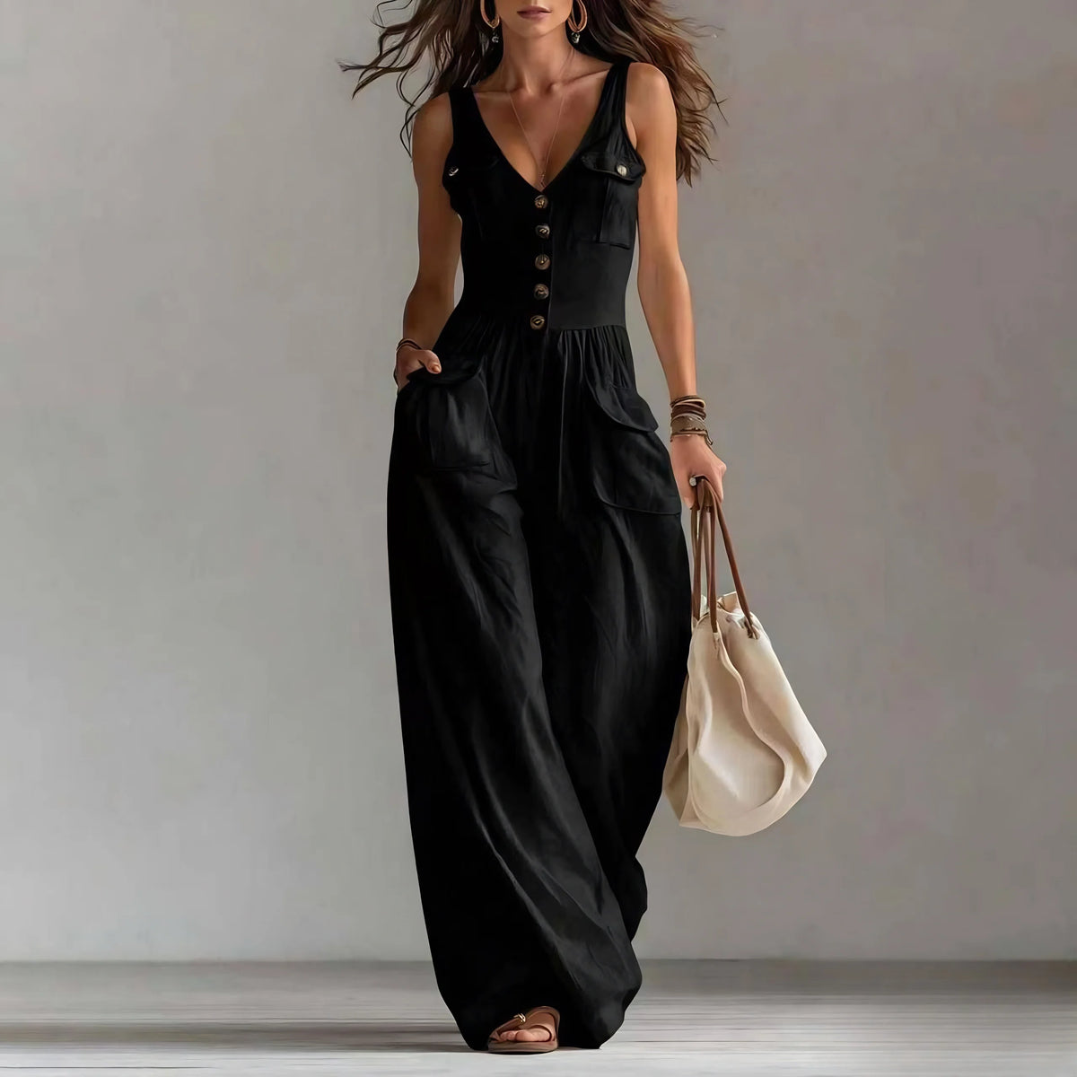 Sleeveless Women's Jumpsuit Featuring V-Neck, Button Decor, Wide-Leg Design and Pockets, Perfect for Casual Summer Beach Outings