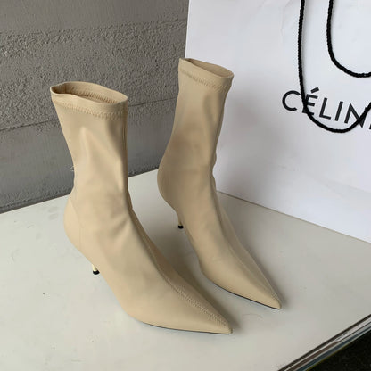 2026 New Spring Autumn Stretch Fabric Women Ankle Boots Sexy Pointed Toe High Heels Fashion Female Socks Pumps Shoes