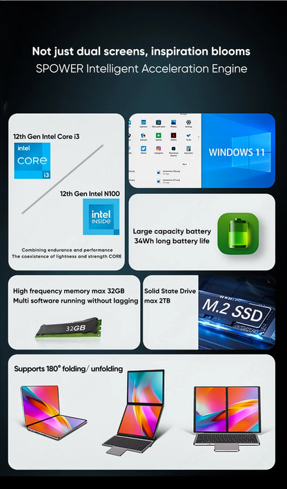 Topton 2 Screen Laptop Intel i3 1215U N100 Dual 10.95inch IPS Touch Screen Windows 11 Office Computer Tablet PC Notebook WiFi6