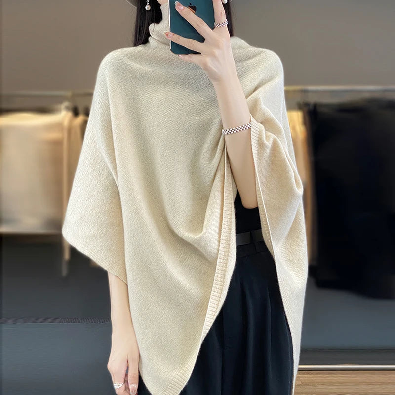 Women 100% Merino Wool Shawl Autumn Winter Turtleneck Pullover Wraps Grace Soft Warm Knitted Sweater Female Clothing Korean Tops