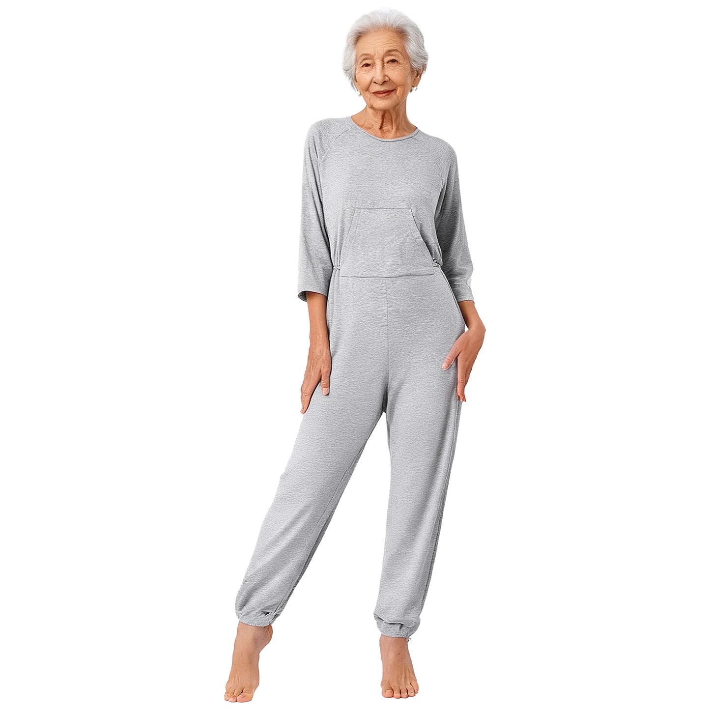 Women's Elderly Anti-Strip Adaptive Jumpsuit Back Legs Zip Long Sleeve Long Pants Nursing Rompers for Special Needs Disabilities