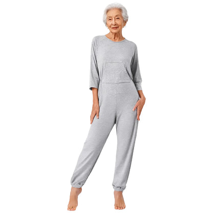 Women's Elderly Anti-Strip Adaptive Jumpsuit Back Legs Zip Long Sleeve Long Pants Nursing Rompers for Special Needs Disabilities