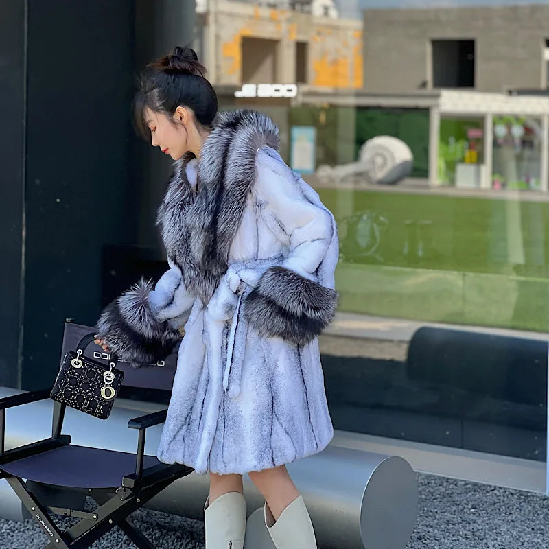Winter Women Real Rabbit Fur Coat Long Natural Rabbit Fur Jacket Fox Fur Collar and Cuff Thick Warm Ladies Overcoat