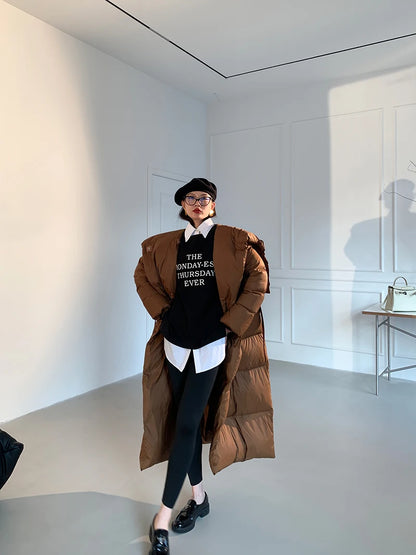 High end Ultra long White goose down Jacket For women Winter 2025 New Fashion Down Coat Female Thicken Parka Overcoat with belt