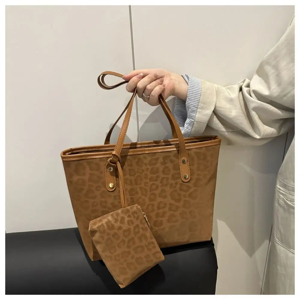 Vintage Leopard Print Women Tote Bag PU Leather Large Capacity Underarm Bag with Mini Bag Briefcase Bags