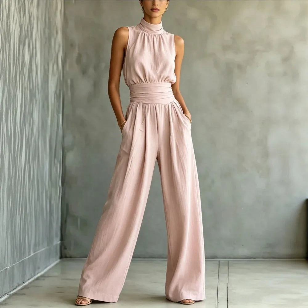 Summer New Fashion Half Turtle Collar Sleeveless Women's Jumpsuit 2026 Elegant Slim Waist Shaping Wide Leg Female Rompers