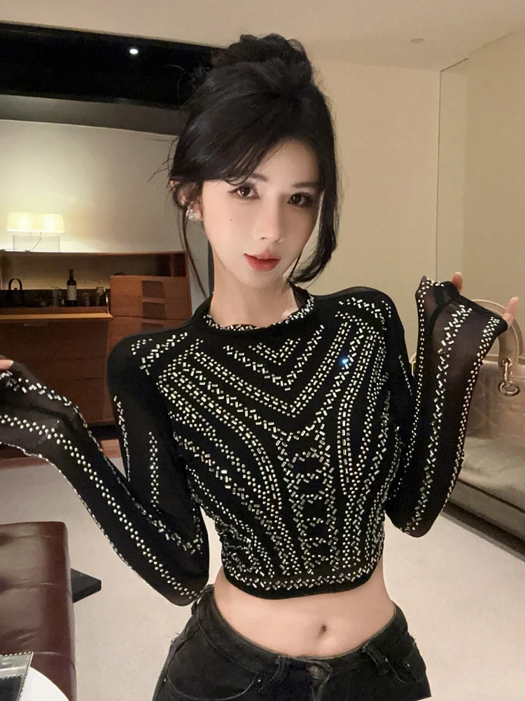 Heavy Duty Rhinestone Short Crop Mesh Long Sleeve T-Shirt round Neck Overhead Slimming Top for Young Women Daily Wear