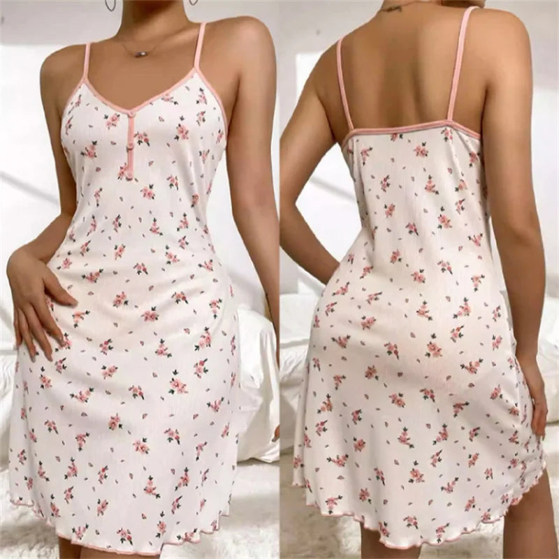 New Women's Sweet Floral Nightgown Button Front V-Neck Sleepwear Home Wear Suspender Print Sexy Mid Length Comfortable Plus Size