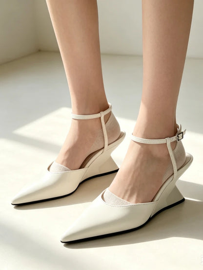 Luxury Brand Women's Pointed Toe Wedge Sandals Summer New Shallow One-word Buckle Designer Shoes Fashion Slingback Mules Shoes