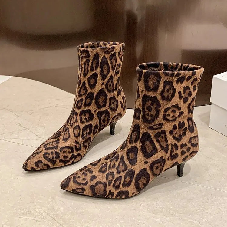 Brand Design Leopard Elastic Boots Women 2025 Winter Sexy Pointed Toe High Heel Party Boots Womens Dress Pumps Fashion Booties