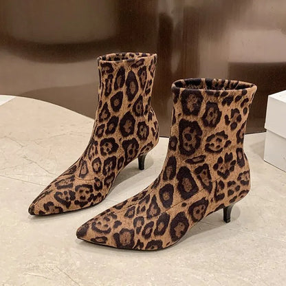 Brand Design Leopard Elastic Boots Women 2025 Winter Sexy Pointed Toe High Heel Party Boots Womens Dress Pumps Fashion Booties