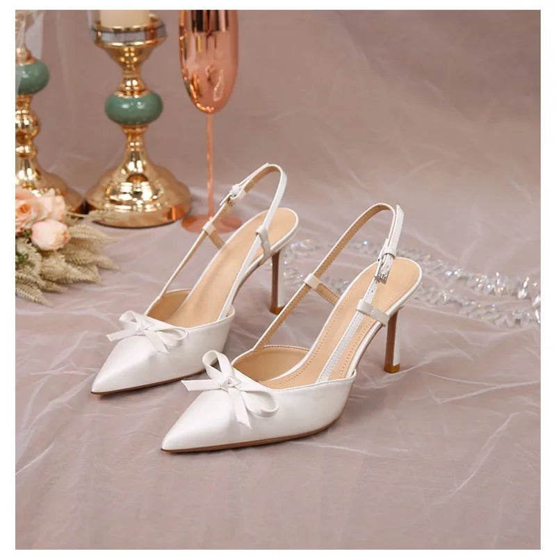 Women Pumps White Wedding Shoes Bride Luxury Satin Butterfly-knot Pointed Toe Adjustable Slingback Heels Elegant Women Heels