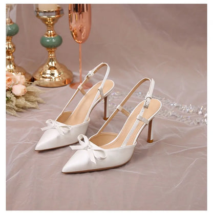 Women Pumps White Wedding Shoes Bride Luxury Satin Butterfly-knot Pointed Toe Adjustable Slingback Heels Elegant Women Heels
